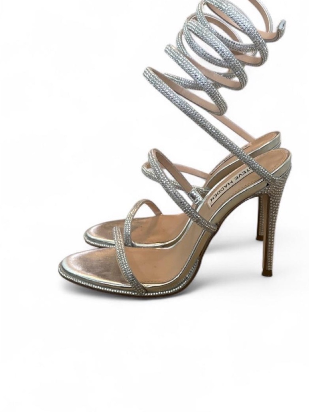 Steve Madden Silver Rhinestone Spiral Strap Heels